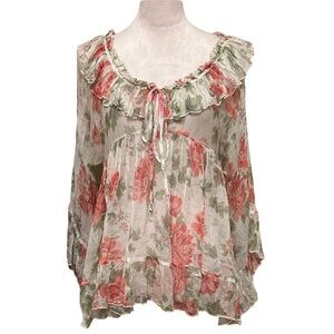 Jade Johnny Was Silk Floral Ruffle Peasant Blouse - Red /Coral and Sage / Green